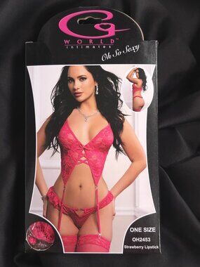 G World Intimates OH2453 Pink Lace Garter Top Thong Stockings 3pc Set‎ OS